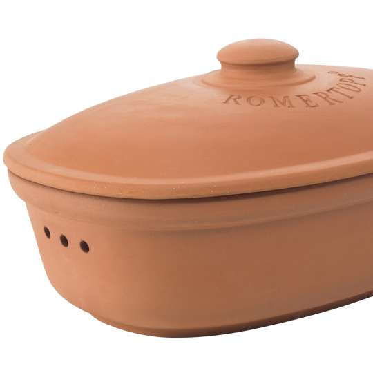 Römertopf - Brottopf, oval, terracotta-rot, mit Deckel geschlossen